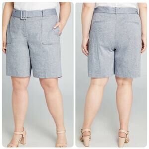 Lane Bryant‎ Linen Blend Gray Blue High Rise Belted Bermuda Shorts Plus Size 26
